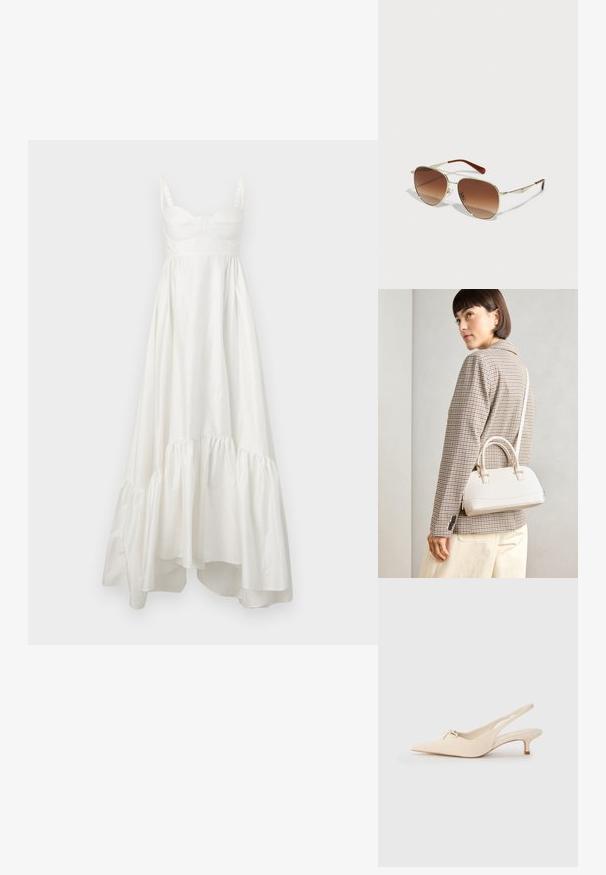 Valge puuvillane maksikleit, millel on sobiv kehakujundus, õhukesed kummipaelad ja kihiline volangiga alläär. Sile tekstuur ja õrn sära üle kogu kleidi.; Kitsas varbaga ja avatud kannaosa valged nahast slingback kingad, kaunistatud väikese sõlme detailiga ja madala kitten kontsaga. Sile tekstuur, minimalistlik kujundus.; Kuldsete metallraamidega prillid, millel on gradiendid pruunid läätsed. Omab ainulaadset geomeetrilist kuju ja pruuni aktsente varrestel. Kerge disain.; Valge struktureeritud käekott lühikeste käepidemete ja õlavööga, millel on kuldse riistvara aktsendid ja tekstuuriga materjal, eksponeeritud halli taustal.