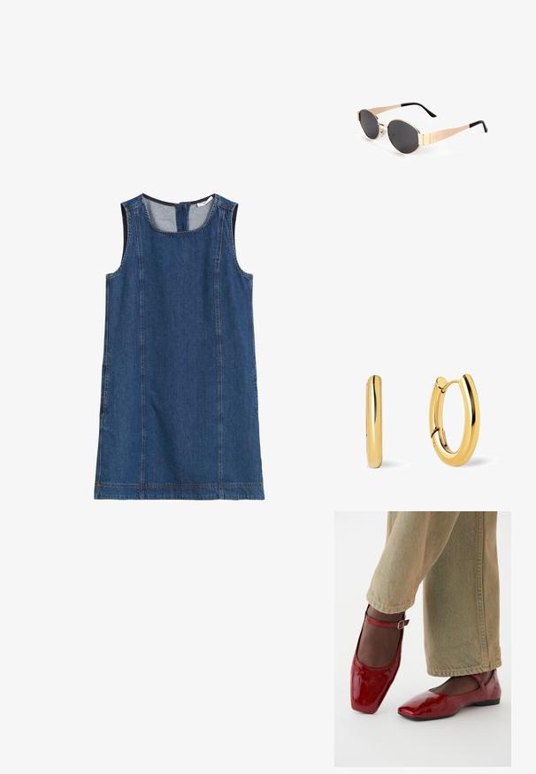 Jeansowa sukienka bez rękawów w ciemnoniebieskim kolorze z okrągłym dekoltem, bocznymi szwami i zapięciem na zamek z tyłu. Gładka faktura i casualowy krój.; Czerwone lakierowane buty z kwadratowym noskiem, niskim obcasem i paskiem na kostkę, w zestawieniu z jasnorozowymi dżinsami o szerokich nogawkach. Gładka tekstura, refleksyjna powierzchnia.; Owalne okulary przeciwsłoneczne w kolorze złotym z ciemnymi soczewkami, charakteryzujące się eleganckim wzornictwem, cienkimi ramionami i czarnym akcentem przy skroni. Numer modelu L37.; Złote kolczyki w kształcie obręczy z gładką, wypolerowaną powierzchnią, z zapięciem na zawias i zaokrąglonym, wydłużonym kształtem.