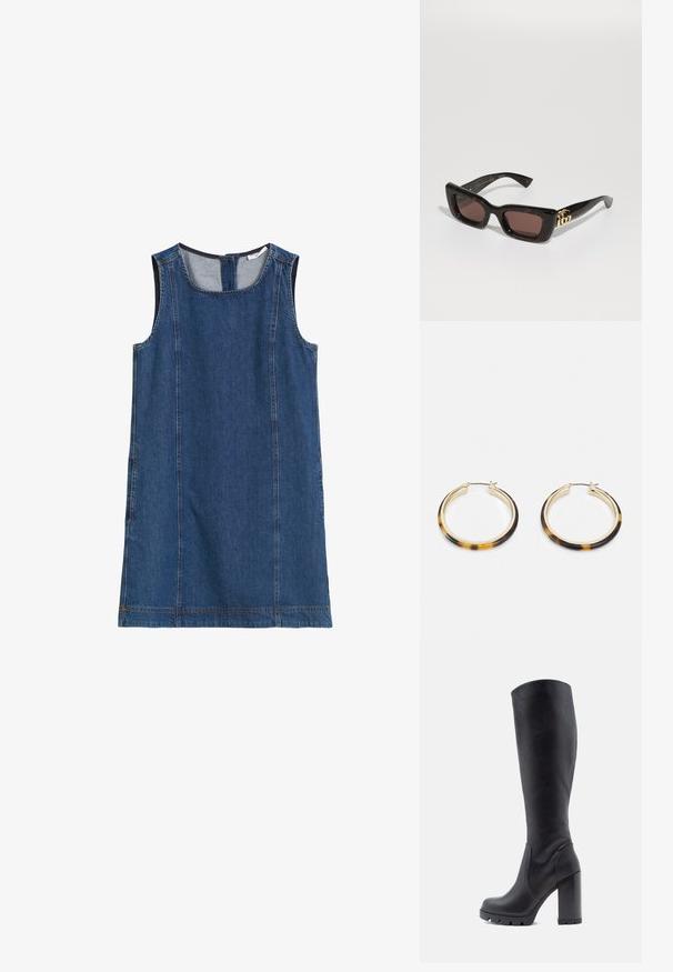 Traper haljina bez rukava u tamnoplavoj boji s okruglim izrezom, bočnim šavovima i patentnim zatvaračem na leđima. Glatka tekstura i ležeran dizajn.; Crne čizmice do koljena, od glatke kože, s punom petom, zaobljenim vrhom, teksturiranom potplatom s gripom, elegantnog dizajna bez ukrasa.; Crne kornjačaste sunčane naočale s pravokutnim lećama, smešnim tonom, debelim okvirom i zlatnim dvostrukim G logom na ručki.; Zlatne hoop naušnice s vanjskim rubom od smole s uzorkom kornjače, s glatkom završnom obradom i elegantnim, kružnim oblikom.