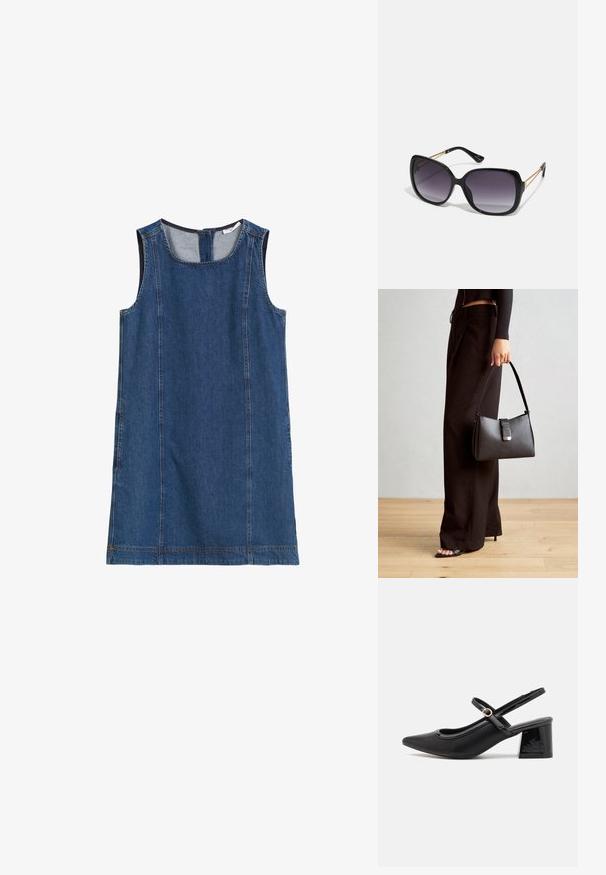 Sininen farkku ilman hihnoja oleva mekko, jossa on pyöreä kaula-aukko, sivusaumat ja vetoketjusuljenta takana. Sileä pinta ja rento muotoilu.; Musta lakattu nahka slingback-korkokengät, joissa on terävä kärki, pyöreä aukko-muotoilu ja lohkokorko. Varustettu kultasävyisellä solkiyksityiskohdalla.; Mustat ylisuurten kehysten aurinkolasit, joissa on liukuväri-linssit, paksut kehykset ja kultasävyiset ketjustuskoristeet temppeleissä.; Musta käsilaukku, jossa on rakenteellinen muoto, sileä pinta ja metallinen solki. Yhdistetty leveisiin mustiin housuihin ja avonaiheisiin sandaaleihin puulattialla.