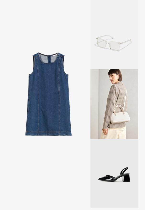 Mörkblå denimklänning utan ärmar med rund halsringning, sidsömmar och dragkedjestängning bak. Slät textur och avslappnad design.; Svarta lackläder slingback klackar med spetsig tå och geometrisk klack. Har en elegant, minimalistisk design och slät yta.; Klart plastfyrkantiga glasögon med genomskinliga linser, med guldfärgade detaljer på bågarna för extra stil.; Vitt strukturerat handväska med korta handtag och en axelrem, med gyllene detaljer och texturerat material, visad mot en grå bakgrund.