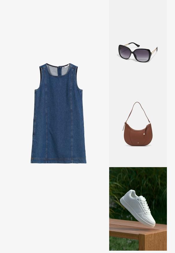 Tamsiai mėlyna džinsinė suknelė be rankovių, su apvaliu iškirpimu, šoniniais siūlais ir užtrauktuku nugaroje. Lygus paviršius ir kasdiens dizainas.; Balti sneakeriai su lygia sintetine viršutine dalimi, perforuota pirštų zona, plokščiomis raištelėmis ir tekstūruotu padu, padėti ant medinės paviršiaus.; Juodos didelės saulės akinių su pereinamais objektyvais, storomis rėmeliais ir auksinės spalvos grandinėmis ant šventyklų.; Ruda dirbtinės odos petinė piniginė su kreiva forma, minimalia siuvimo linija ir auksinės spalvos įranga. Yra užtrauktuko uždarymas viršuje ir reguliuojama petneša.