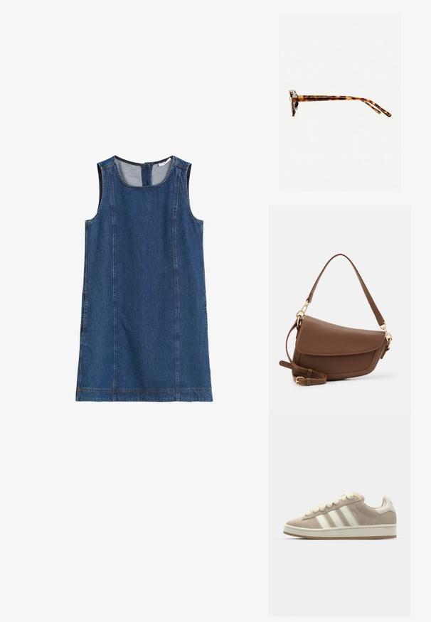 Ärmelloses Jean-Kleid in Dunkelblau mit rundem Ausschnitt, Seitennähten und einem Reißverschluss auf der Rückseite. Glatte Textur und lässiges Design.; Hellbeige Wildlederschuhe mit weißen Lederstreifen und -schnürsenkeln, Gummisohle, gepolstertem Kragen und strukturierten Details auf der Oberseite.; Schildpatt-Sonnenbrille mit dickem Rahmen, leicht gebogenen Bügeln und glatter Textur. Sie präsentiert ein klassisches Design mit glänzender Oberfläche.; Braune Lederschultertasche mit strukturiertem Finish, geschwungener Form, goldfarbenen Beschlägen, verstellbarem Schulterriemen und Klappenverschluss.