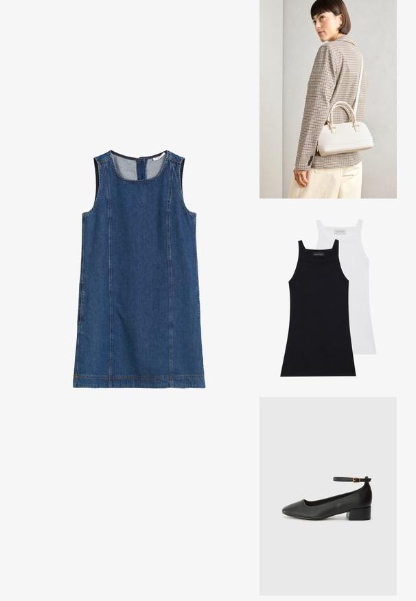Tamsiai mėlyna džinsinė suknelė be rankovių, su apvaliu iškirpimu, šoniniais siūlais ir užtrauktuku nugaroje. Lygus paviršius ir kasdiens dizainas.; Du kaldūnėliams, juodos ir baltos spalvos. Pagaminti iš minkštos, tamprios medžiagos su raukšlėta tekstūra ir prigludusia forma. Su siaurais petnešomis.; Juodas odinis aukštakulnis batelis su smailiu pirštu ir žemu bloku. Su kulkšnies dirželiu su auksinės spalvos sagtimi. Lygus paviršius.; Balta struktūruota rankinė su trumpomis rankenomis ir peties diržu, su auksinėmis detalėmis ir tekstūruota medžiaga, pastatyta prieš pilką foną.