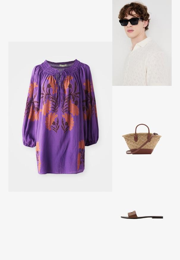 Ljubičasta bluza s nabranim izrezom, dugim balon rukavima i narančastim cvjetnim vezom. Lagana tkanina s fluidnom teksturom.; Smeđe kožne sandale s ravnim potplatom, s širokom trakom i bijelim geometrijskim naglascima za minimalistički dizajn.; Crne pravokutne naočale sa debelim okvirom, koje nosi osoba u krem majici s teksturom i kragnom.; Woven straw basket torba s smešnim kožnim detaljima, dva ručka i odvojivim remenom. Savijen oblik s čvrstim dnom.