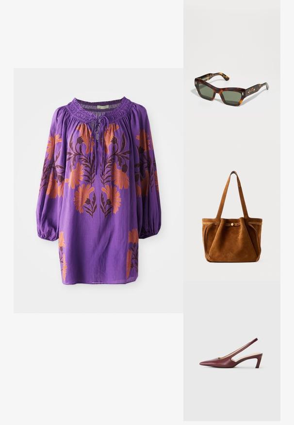 Lila Bluse mit gerafftem Ausschnitt, langen Ballonärmeln und orangefarbenem Blumenstickerei. Leichter Stoff mit fließender Textur.; Burgunderfarbene Slingback-High Heels mit spitzer Zehenform, Ausschnitten an den Seiten und einem Blockabsatz in mittlerer Höhe. Glatte Lederoberfläche.; Schildpatt-Sonnenbrille mit rechteckigen grünen Gläsern. Dicke Fassung mit goldenen Akzenten an den Bügeln. Glatte Textur und kantiges Design.; Braune Wildleder-Umhängetasche mit zwei Griffen, einem Knopfverschlussriemen und einer entspannten, leicht schlaffen Form.