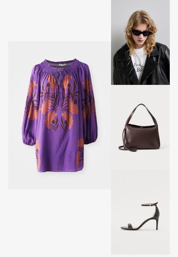 Purple blouse with a gathered neckline, long balloon sleeves, and orange floral embroidery. Lightweight fabric with a fluid texture.; Black leather high-heeled sandal with an ankle strap. Features a smooth texture, open toe, and a thin heel. Gold-toned buckle detail.; Black sunglasses with a sleek, angular design. The model wears a black leather jacket over a white shirt with printed text, against a neutral background.; Brown leather handbag with a structured shape, featuring a single top handle and a detachable shoulder strap. Gold-tone hardware detail.