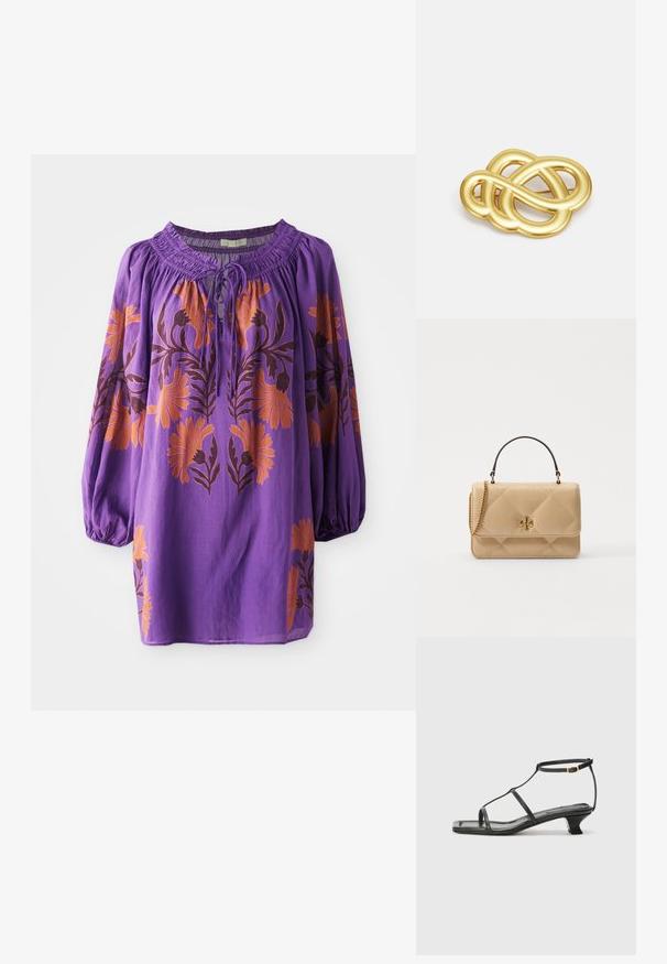 Paarse blouse met een geplooide halslijn, lange ballonmouwen en oranje bloemendessin. Lichtgewicht stof met een vloeibare textuur.; Zwarte leren sandaal met een vierkante neus, dunne banden, een verstelbare enkelriem en een lage hak. Heeft een kleine gouden accent op de band.; Beige leren handtas met quilted patroon, gouden hardware, kettinghengsel en bovenhandgreep. Voorzien van een voorflap en kenmerkend logo detail.; Goudkleurige broche met een knoopontwerp, featuring gladde, gebogen lijnen en een ingewikkelde vorm, wat zorgt voor een gepolijste afwerking.