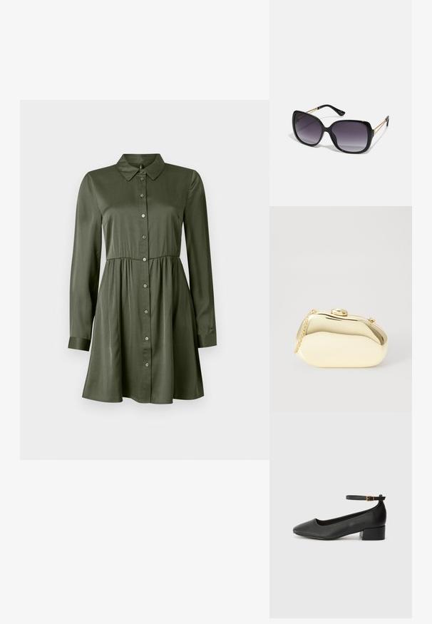 Vestido de botão de manga longa em verde oliva, com cintura ajustada e colarinho, saia ligeiramente rodada e mangas com punhos.; Sandal de pele preta com bico pontiagudo e um salto bloco baixo. Apresenta uma tira no tornozelo com uma fivela em tom dourado. Textura suave.; Óculos de sol oversized pretos com lentes degradê, armações grossas e detalhes em corrente dourada nas hastes.; Clutch metálico dourado com uma forma suave e arredondada, apresentando um fecho de botão superior e uma pequena alça em corrente para transporte.