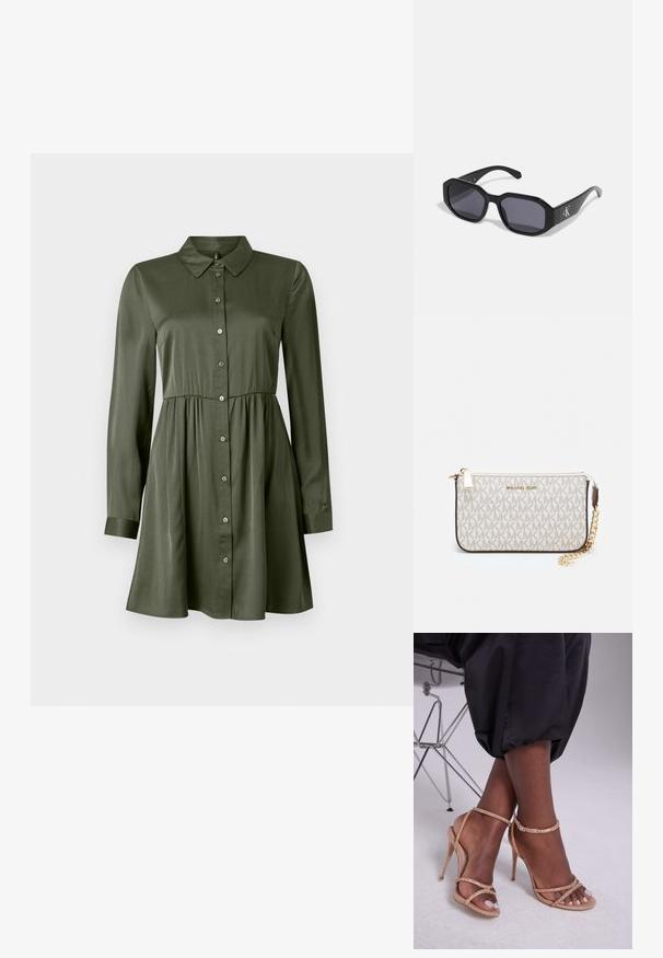 Olijfgroene blousejurk met lange mouwen, een getailleerde taille en kraag, een licht uitlopende rok en omgeslagen mouwen.; Beige hakken sandalen met kristallen versieringen, met een open teen, dunne banden en een slanke silhouet.; Zwarte zonnebril met een octagonaal frame, donkere lenzen, glanzend plastic materiaal en een zilveren logo-accent aan één kant.; Michael Kors polsbandje in beige gecoate canvas met een herhaald MK-logo patroon, gouden hardware en een afneembare kettingriem.; Gouden metallic oorbellen met een golvend ontwerp; glad, weerspiegelend oppervlak; asymmetrische vorm; geen zichtbare patronen of hardware.