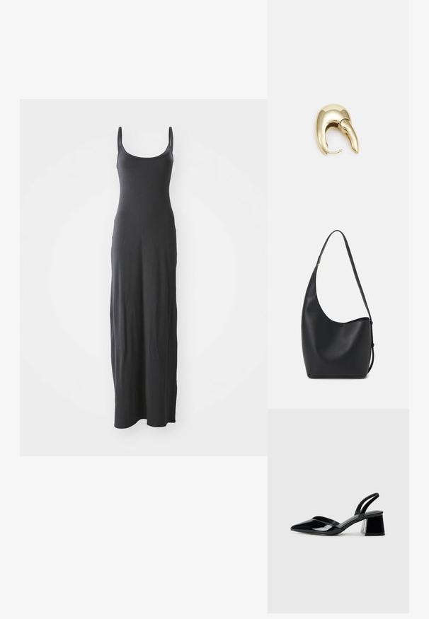 Melnā maxi kleita ar plānām plecu siksnām, izgatavota no gludas, elastīgas auduma. Vienkārša dizaina ar taisnu siluetu un bez rotājumiem.; Melna lakota āda ar atvērto papēdi, ar smailu purngalu un ģeometrisku blokpapēdi. Iezīmējas elegants, minimāls dizains un gluda tekstūra.; Melnas ādas hobo soma ar gludu tekstūru, izliekta forma un vienu regulējamu jostu; augšā ir plaša atvere.; Zeltīti metāla auskari ar gludu, izliekta dizaina. Ar atšķirīgu smailu formu, pulētu virsmu un eņģu aizdari.
