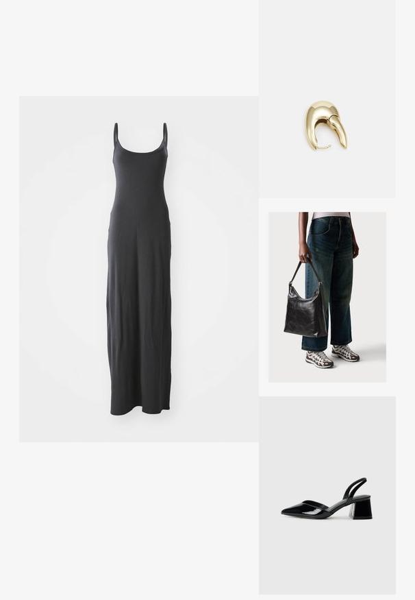 Juodas maksi suknelė su plonais petnešėlėmis, pagaminta iš lygaus, tamprus audinio. Paprastas dizainas su tiesia siluetu ir be puošmenų.; Juodos lakuotos odinės šlepetės su smailiu pirštu ir geometriniu bloko kulnu. Turi elegantišką, minimalistinį dizainą ir lygų paviršių.; Juodas odinis peties krepšys su lygiu paviršiumi ir reguliuojama dirželiu, derinamas su nublukusiais plačiapurčiais džinsais ir sportiniais batais.; Aukso tono metalinės auskarai su stilingu, kreiviu dizainu. Išsiskiria ryškiu smailiu pavidalu, poliruota paviršiumi ir užsegimu su vyriu.