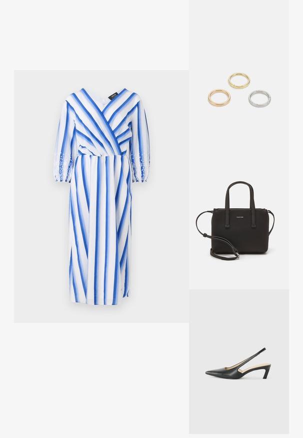 Blau-weiß gestreiftes Kleid mit langen, transparenten Ärmeln, einem V-Ausschnitt und einem gerafften Taillenbund. Merkmale sind florale Stickereien an den Ärmeln.; Schwarzer spitz zulaufender Slingback-Schuh mit niedrigem Absatz, der aus glattem Leder gefertigt ist und seitliche Ausschnitte für Atmungsaktivität aufweist.; Schwarze Handtasche mit zwei kurzen, doppelt geflochtenen Griffen und einem abnehmbaren Schulterriemen. Glattes, lederähnliches Material mit einem Reißverschluss und Logodetail.; Drei Metallringe: einer in Roségold, einer aus Gold mit strukturierten Akzenten und einer aus Silber, alle mit graviertem Branding auf dem inneren Band.
