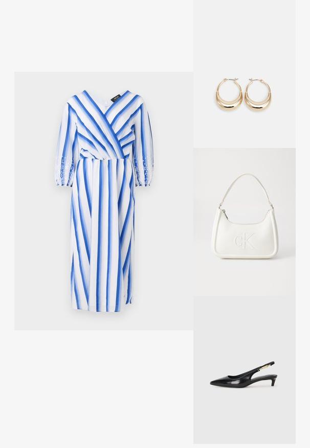 Abito a strisce blu e bianche con maniche lunghe in tessuto trasparente, scollatura a V e vita arricciata. Presenta ricami floreali sui polsini delle maniche.; Tacchi slingback in pelle nera con punta affusolata, caratterizzati da un tacco alto e un accento dorato sulla cinghia regolabile. Texture liscia.; Borsa a tracolla in pelle bianca con forma curva, dotata di un logo "CK" impresso sul davanti e una singola tracolla. Chiusura a zip nella parte superiore.; Orecchini a cerchio tonalità oro con forma a mezzaluna, superficie lucidata e chiusura a cerniera. La texture liscia e la finitura riflettente migliorano la visibilità.