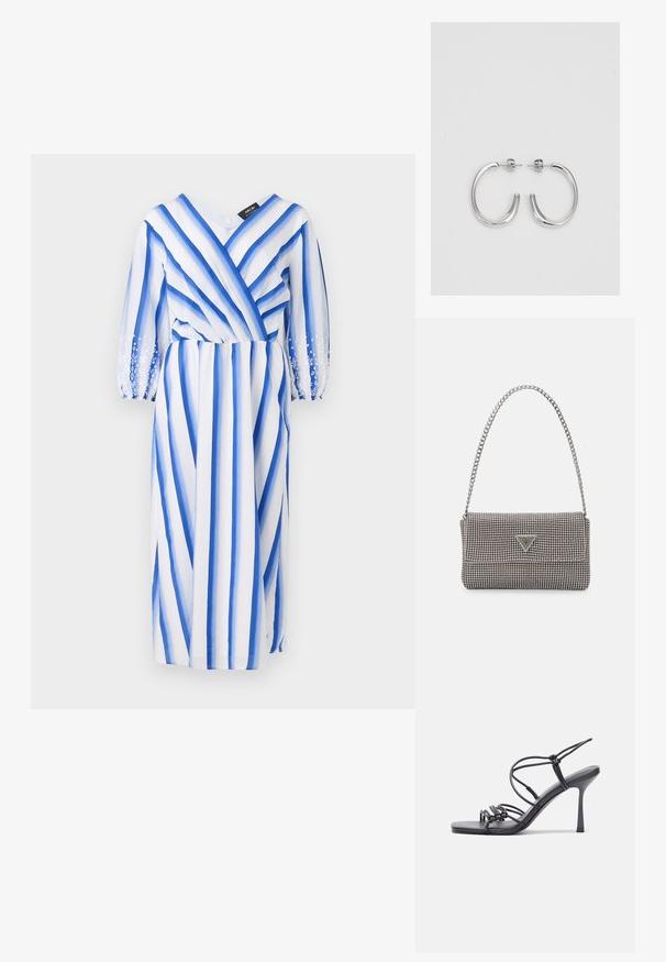 Sinine ja valge triibuline kleit pika läbipaistva varrukaga, V-kujulise kaelusega ja kogutud vöökohaga. Varruka servades on lilleline tikand.; Mustad musta värvi kontsandaalid on varustatud peente rihmadega, millel on sõlmekujundus, siledad ruudukujulised varbad ja stiilne stilettokonts.; Helehall metallik handbags, millel on kett, kaunistatud väikeste ümmarguste metallist õmblustega ja kolmnurkse brändi logoga.; Hõbedased rõngaskõrvarõngad, millel on sile ja läikiv pind. Ümar kuju, kerge disain, millel on post-tagumise kinnituse süsteem.