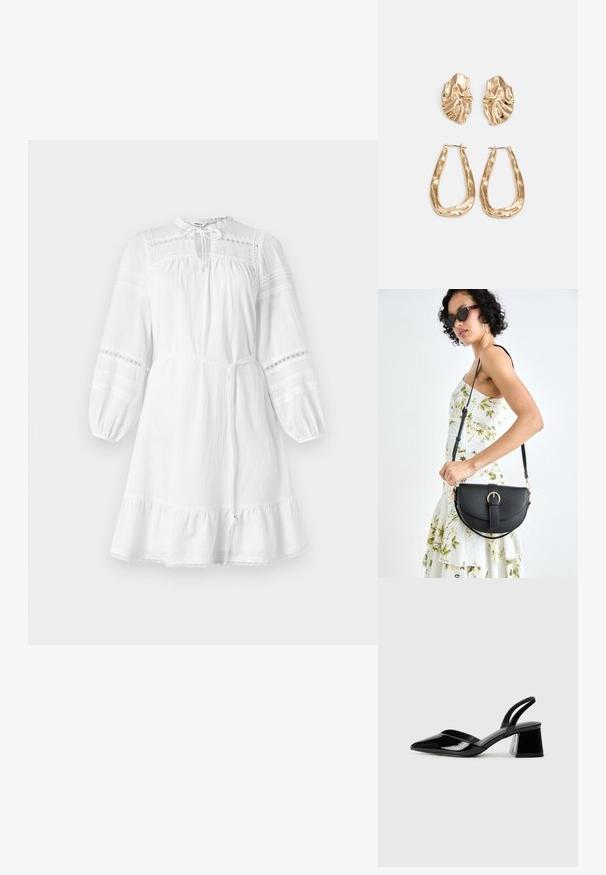 Vestido branco de algodão com mangas longas, decote franzido, detalhes em renda e faixa na cintura destacável. Apresenta uma bainha com babados.; Sandy em verniz preto com salto slingback, ponta afilada e salto geométrico. Apresenta um design elegante e minimalista com textura suave.; Bolsa de couro preta com forma curva, alça destacável e detalhes em dourado. A bolsa possui uma aba com detalhe de fivela.; Brincos em tom de ouro com formas onduladas e texturizadas. Inclui studs escultóricos com presilha e um design de argola aberta com um acabamento martelado.