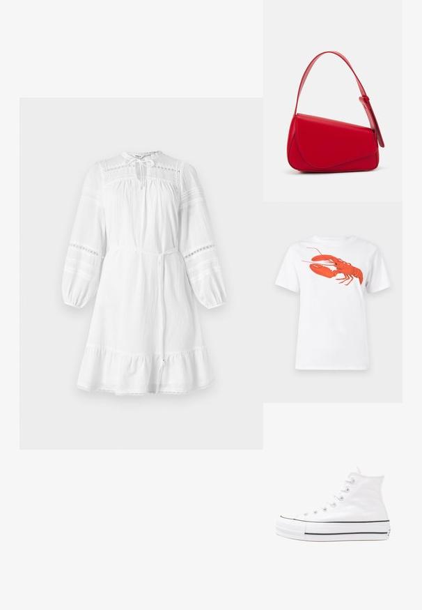 Rochie albă din bumbac cu mâneci lungi, guler pliat, accente din dantelă și cordon detasabil în talie. Prezintă o margine volanată.; Tricou alb din bumbac, cu un grafic mare, viu colorat de homar roșu pe față. Mâneci scurte și un guler standard de tip crew neck.; Adidași albi tip pantofi sport cu glezna din pânză, cu talpă din cauciuc negru, capac de vârf din cauciuc frontal și șase ochiuri pentru șireturi, având un design curat și minimalist.; Geantă de mână din piele roșie, cu un design unghiular și geometric. Dispune de o singură curea ajustabilă și un sistem de închidere cu clapetă, cu detalii cusute.