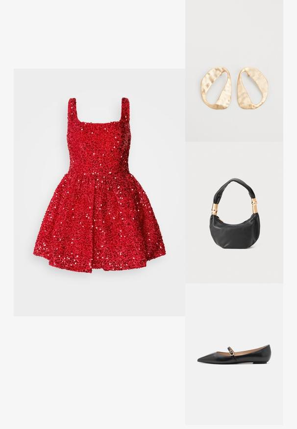 Červené trblietavé šaty so štvorcovým výstrihom, bez rukávov, priliehavým telom a rozšírenou sukňou. Po celom povrchu sa nachádza žiarivá textúra.; Čierne kožené baletky s špicatou špičkou a bočným remienkom s kruhovým zlatým akcentom. Ľahké s plochou podrážkou.; Čierna kožená kabelka s guľatým tvarom, príjemnou textúrou a uzlíkovou rukoväťou s akcentmi zlatého tónu. Zipsové uzatvorenie.; Pár nepravidelných oválnych zlatistých kovových náušníc s textúrovaným, mierne rozbitým povrchom na bielom pozadí.