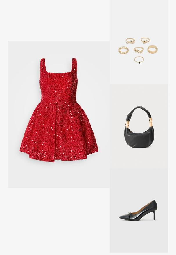 Sarkans, spīdums piesātināts kleita ar kvadrātveida dekoltē, bez piedurknēm, pieguļošs augšdaļa un izflāžskirt. Spīdīga tekstūra visā kleitā.; Melnas lakotas ādas kurpes ar augstu papēdi, ar norādītu pirkstu, dekoratīvu jostu priekšpusē un plānu stiletto papēdi.; Melnas ādas rokassoma ar apaļu formu, mīkstu tekstūru un mezgla rokturi, kas rotāts ar zelta tonētiem aksesuāriem. Ar rāvējslēdzēja aizdari.; Sešu zeltītu gredzenu komplekts ar dažādiem dizainiem: plūstošās pinumu, lapu motīviem un vienkāršām lentām; daži ar zaļiem dārgakmeņu akcentiem.