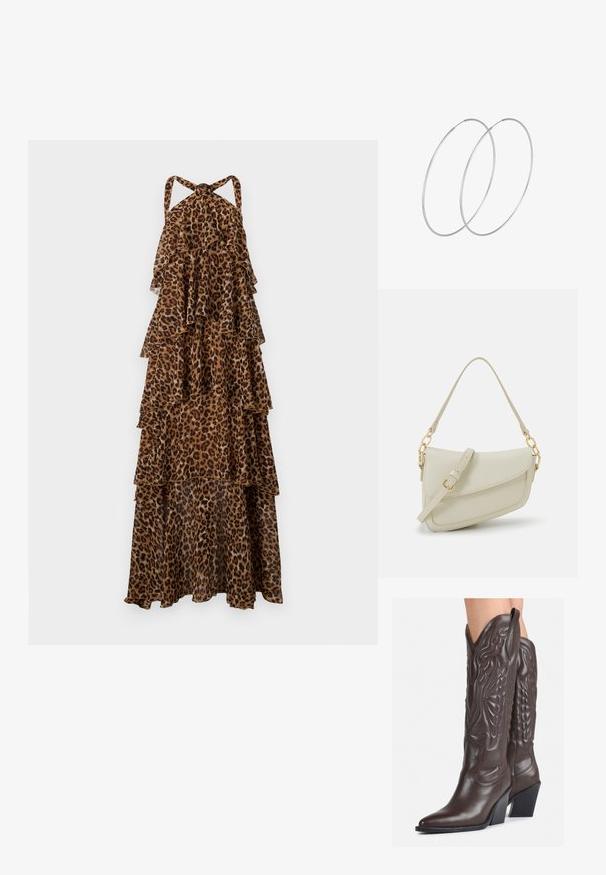 Leopardų rašto daugiasluoksnė maxi suknelė su kaklo virvute ir sluoksniuota, plaukioti audiniu.; Rudos odinės kaubojaus batai su smailiu priekiu ir blokuotu kulnu, pasižymintys detaliu siuvinėjimu ir iškiliais akcentais ant ašies.; Mažas kreminis rankinukas su tekstūruotu paviršiumi, ilga reguliuojama juostele, grandinėle ir užsegimu su atvartu. Aukso detalės.; Sidabrinės pusmėnulio auskarai minimalistiniu dizainu. Apskritimo forma, lygus paviršius ir plonas profilis. Lengvi su poliruotu apdailu.
