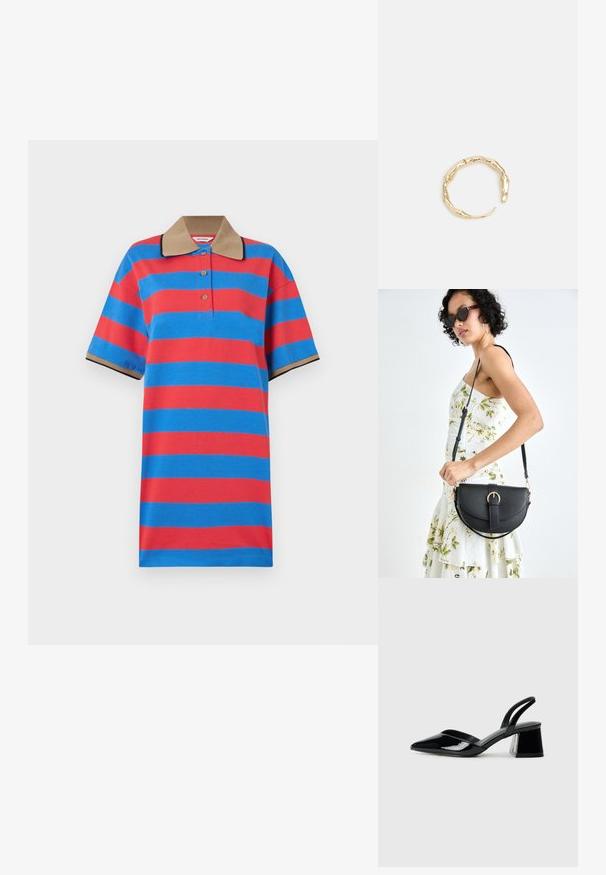 Marimekko REFERENSSI - Denné šaty - blue/red; Čierne lakované kožené sandálové podpätky s špicatou špičkou a geometrickým blokovým podpätkom. Disponujú elegantným, minimalistickým dizajnom a hladkým povrchom.; Čierna kožená kabelka s zaobleným tvarom, odnímateľným popruhom a zlatými doplnkami. Kabelka má klopu s detailom s prackou.; Prsteň v zlatej farbe s organickým, skrúteným dizajnom, hladkým povrchom a zužujúcimi sa koncami, vytvárajúci moderný, sochársky vzhľad.