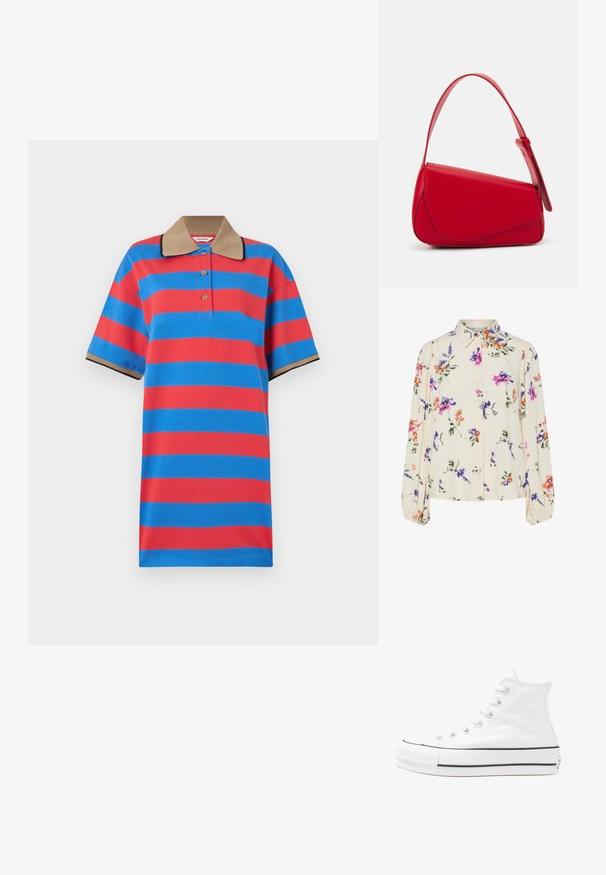 Marimekko REFERENSSI - Päevakleit - blue/red; Lille kreemipehme lilleline pluus, millel on pikad puhvli varrukad, millel on lillad, oranžid ja rohelised lillemustrid ning klassikaline kaelus.; Valge kõrgem kangast tenniseking, millel on must kummist tald, ees kummist varvasetugi ja kuus aukku paelte jaoks, pakkudes puhta ja minimalistliku disaini.; Punane nahast käekott, millel on nurkadega geomeetriline disain. Omab ühte reguleeritavat rihma ja klappidega sulgemist, millel on õmblustega kaunistused.