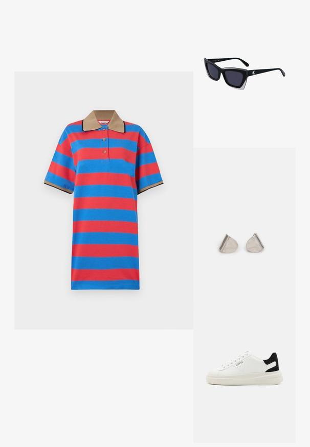 Marimekko REFERENSSI - Dnevna obleka - blue/red; Bele usnjene športne copate z debelim belim podplatom, črnimi semišnimi detajli na peti in utisnjenim logotipom na strani. Zavezovanje s šestimi luknjicami.; Črne prevelike sončne očala geometrijske oblike, z temnimi lečami in kontrastno sivo podrobnostjo na okvirju. Logo na ročaju.; Srebrne uhane z gladko, kapljično obliko in poliranim finishem. Nežna graviranja dodajajo detajle. Minimalističen dizajn.