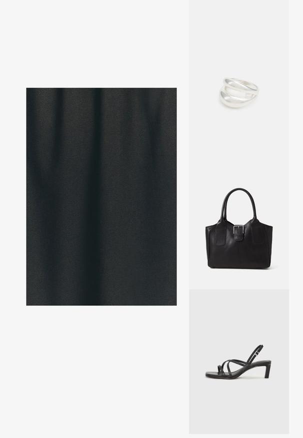 Juodas tekstūruotas audinys su audiniu raštu, turintis matinį paviršių ir šiek tiek raukšlėtą išvaizdą, rodantis lankstų judėjimą.; Juodi šlepetės su kvadratiniu pirštu ir žemu bloku kulnu. Yra keli ploni dirželiai ir reguliuojamas kulkšnies diržas. Pagaminti iš lygios odos.; Juodas odinis nešiojamas krepšys su lygiu paviršiumi, struktūrine forma, dviem rankenėlėmis ir ryškiu sidabriniu sagties akcentu priekyje.; Sidabrinis dvigubas žiedas su lygiu, poliruotu paviršiumi. Pasižymi sklandžiu, kreiptu dizainu su persipinančiomis dalimis, suteikiančiomis modernų išvaizdą.