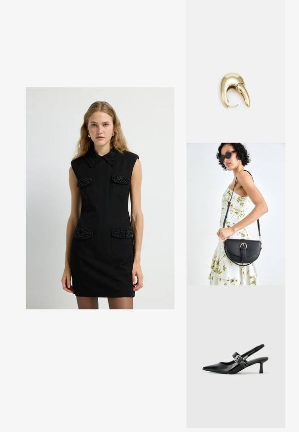 Musta hihaton mekko, jossa on kaulus, koristellut taskut ja tiukka leikkaus. Taskuissa ja kauluksessa oleva teksturoitu yksityiskohta lisää visuaalista kiinnostavuutta.; Musta patenttinaahkakengät, joissa on osoittava kärki ja pieni lohko korko, varustettuna hopeisella soljella hihnassa.; Musta nahkainen käsilaukku, joka on kaareva muotoilultaan, irrotettavalla hihnalla ja kultaisilla yksityiskohdilla. Laukussa on läppä, jossa on solk yksityiskohta.; Kultahipuinen korvakoru, jossa on sulavalinjainen, kaareva muotoilu. Ominaisuuksiin kuuluu erottuva terävä muoto, kiillotettu pinta ja sarana kiinnitys.