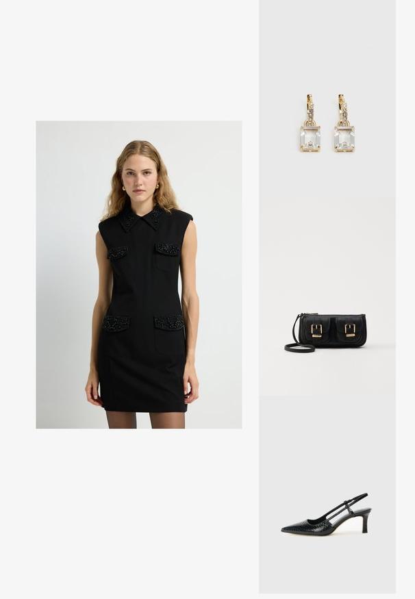 Czarna sukienka bez rękawów z kołnierzykiem, ozdobnymi kieszeniami i dopasowanym krojem. Teksturowane detale na kieszeniach i kołnierzyku dodają wizualnego zainteresowania.; Czarne lakierowane czółenka na obcasie typu slingback z wąskim noskiem, z teksturowanym wzorem wężowym, regulowanym paskiem oraz krótkim, teksturowanym obcasem w kształcie słupka.; Czarna skórzana torba na ramię z dwoma przednimi kieszeniami, złotymi klamrami, zamkiem błyskawicznym i cienkim paskiem. Teksturowana powierzchnia i kompaktowy prostokątny kształt.; Złote kolczyki z prostokątnym, przezroczystym kryształem zwisającym poniżej rzędu małych, okrągłych, przezroczystych akcentów. Elegancki, nowoczesny design.