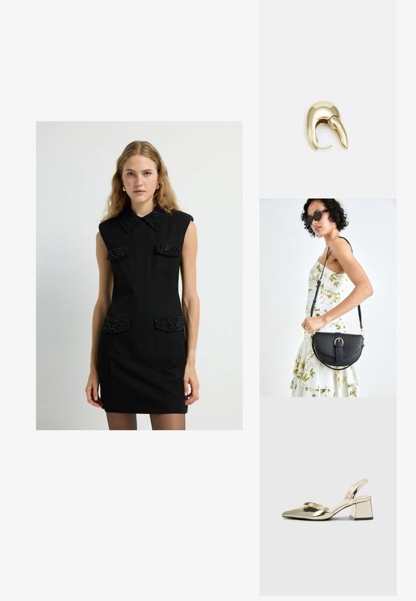 Svart ärmlös klänning med krage, prydnadsfickor och en figursydd silhuett. Texturerade detaljer på fickorna och kragen ger visuell intresse.; Guld, metalliska slingback-klackar med spetsig tå och chunky klack. Slät textur, minimalistisk design och en smal rem.; Svart läderhandväska med en böjd form, avtagbar rem och guldiga detaljer. Väskan har ett lock med en spänndetalj.; Örhänge i guldtonad metall med en elegant, böjd design. Har en distinkt spetsig form, polerad yta och gångjärnslås.
