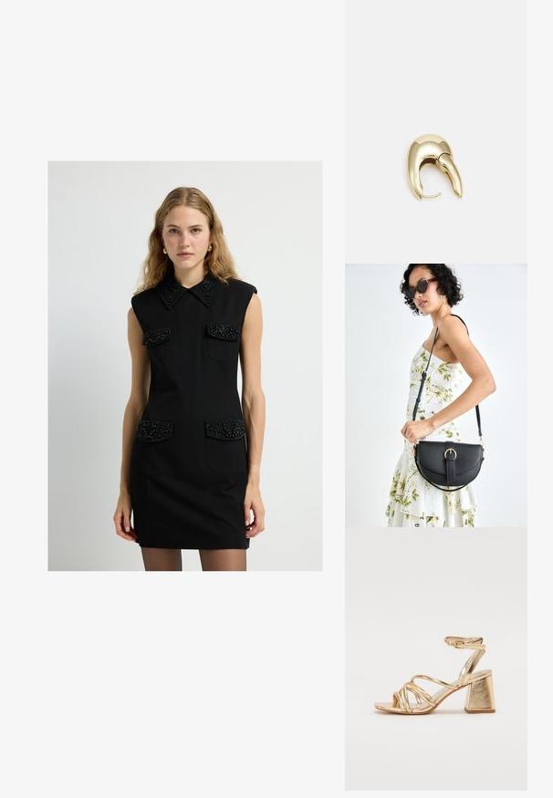Zwarte mouwloze jurk met een kraag, versierde zakken en een getailleerde vorm. Textuur details op de zakken en de kraag voegen visueel interest toe.; Gouden metallic gestileerde sandaaltjes met hoge hakken, voorzien van een straps ontwerp, vierkante blokhak en een verstelbare enkelband met een gesp. Gladde textuur.; Zwarte leren handtas met een gebogen vorm, afneembare schouderband en gouden hardware. De tas heeft een klep met een gespsluiting.; Gouden metalen oorbel met een slank, gebogen ontwerp. Beschikt over een kenmerkende puntige vorm, gepolijste oppervlakte en scharnier sluiting.