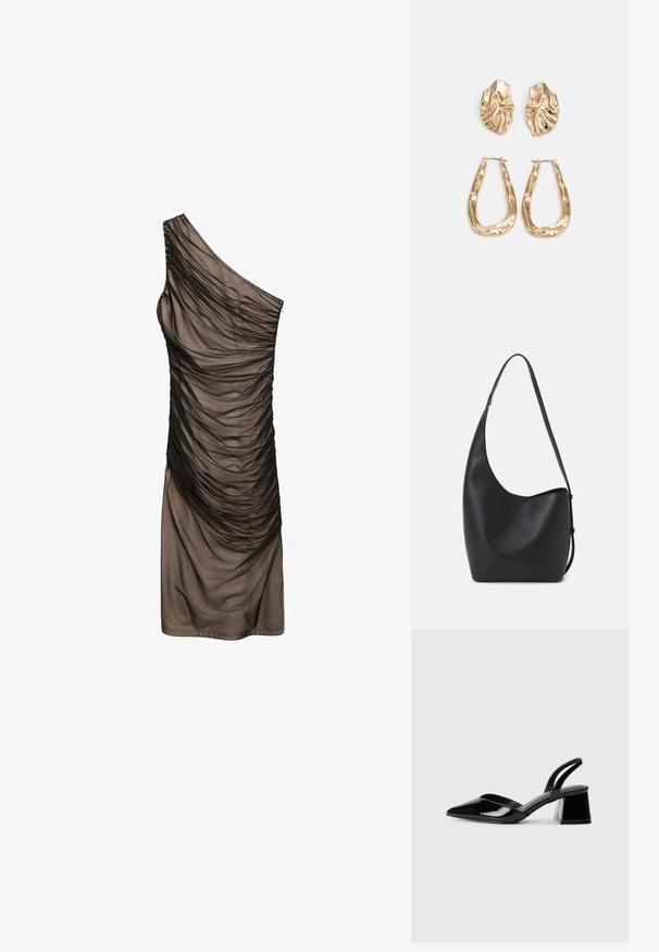 Mango Rochie de zi - black; Pantofi cu toc slingback din piele lacuită neagră, cu vârf ascuțit și toc geometric. Prezintă un design elegant, minimalist și o textură netedă.; Geantă hobo din piele neagră, cu o textură netedă, formă curbată și un singur bretele ajustabil; are o deschidere largă în partea de sus.; Cercei aurii cu forme texturate și ondulate. Include studs sculpturale cu clip și un design de cerc deschis cu un finisaj cioplit.