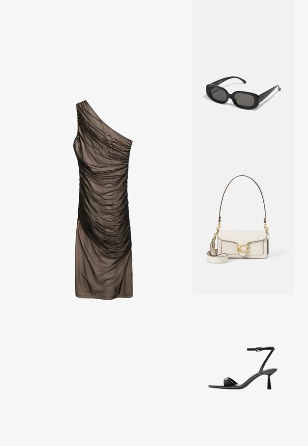 Mango Jurk - black; Bershka Sandalen met hoge hak - black; Zwarte rechthoekige zonnebril met donkere lenzen. Dikke plastic montuur, gladde textuur en ronde randen. Stijlvolle steunen lopen naar buiten.; Crème leren handtas met een gestructureerd ontwerp, contrasterende zwarte randen, gouden hardware en een afneembare schouderband met een handtekening logo.