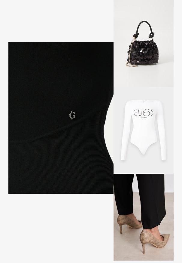 Fekete sporttop bordázott textúrával, melyen diszkrét ezüst logó található az oldalon, és karcsú, testhezálló fazonú.; Hosszú ujjas, fehér body, kerek nyakkivágással. Elöl a "GUESS" logó és az "EST.1981" felirat fekete színben látható. Sima textúrával rendelkezik.; Beige magassarkú cipők texturált anyagból, ismétlődő mintával. Hegyes orrú kialakítás, hátsó díszítéssel és arany sarkú részlettel.; Fekete flitteres mini kézitáska csomózott textúrájú pánttal és ezüst lánccal. Lekerekített forma, ráncolt tetejével és fényvisszaverő részletekkel.
