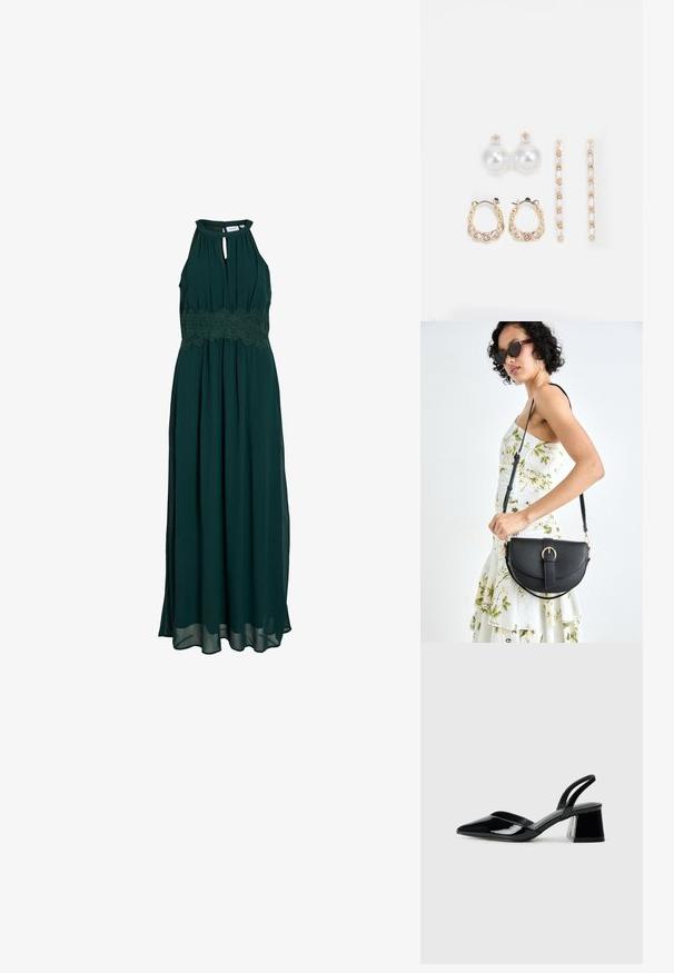 Sötétzöld maxi ruha. Magas nyakkivágással, kulcslyuk részlettel, csipkés derékrésszel és könnyű anyagból készült bővülő szoknyával.; Fekete lakk bőr szandálkés magas sarkú cipő, hegyes orral és geometrikus tömbsarkakkal. Karcsú, minimalista dizájn és sima textúra jellemzi.; Fekete bőrtáska ívelt formával, levehető pánttal és arany színű fémrészekkel. A táskán egy csattal díszített fedél található.; Három fülbevalópár: nagy fehér gyöngy fülbevalók, arany karika fülbevalók, tiszta drágakövekkel, és két hosszú, egyenes arany akcentus fülbevaló csillogó részletekkel.