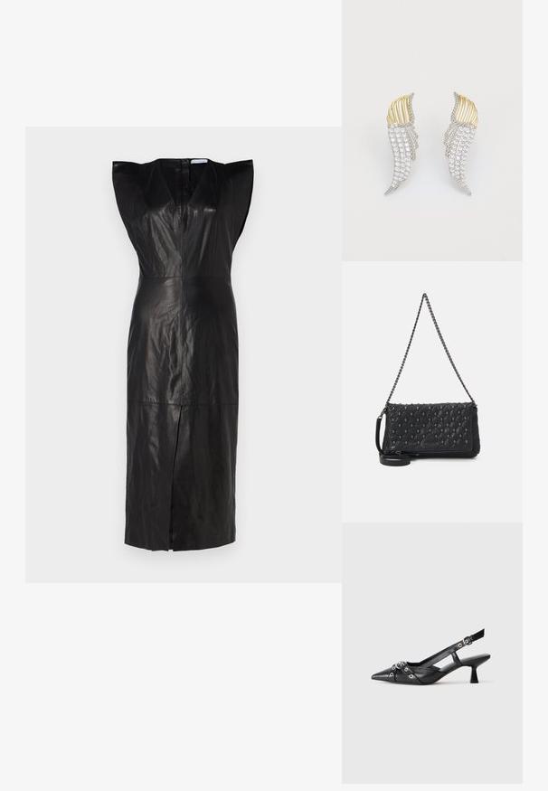 Musta nahkamekko v-pääntiellä, lyhyillä puffihihoilla ja edessä halkiolla. Sileä tekstiili ja kapea leikkaus, takana piilotettu vetoketju.; Mustat nahkakengät, joissa on avonainen takaosa ja kärjessä terävä muoto, koristevyöt, joissa on metalliset reiät, sekä matala lohkoepohja. Teksturoitu pinta.; Mustekka nahkainen laukku, jossa on ketjuolkaimet, pääkallon yksityiskohdat ja vetoketjukiinnitys. Rakenne on teksturoitu ja siinä on kiiltävä pinta.; Kaksi siipi-muotoista korvakorua, joissa on hopeanväristä metallia, kirkasta pyöreäpintaista strassia ja kultasävyisiä metallikoristeita kerrostetussa muotoilussa.