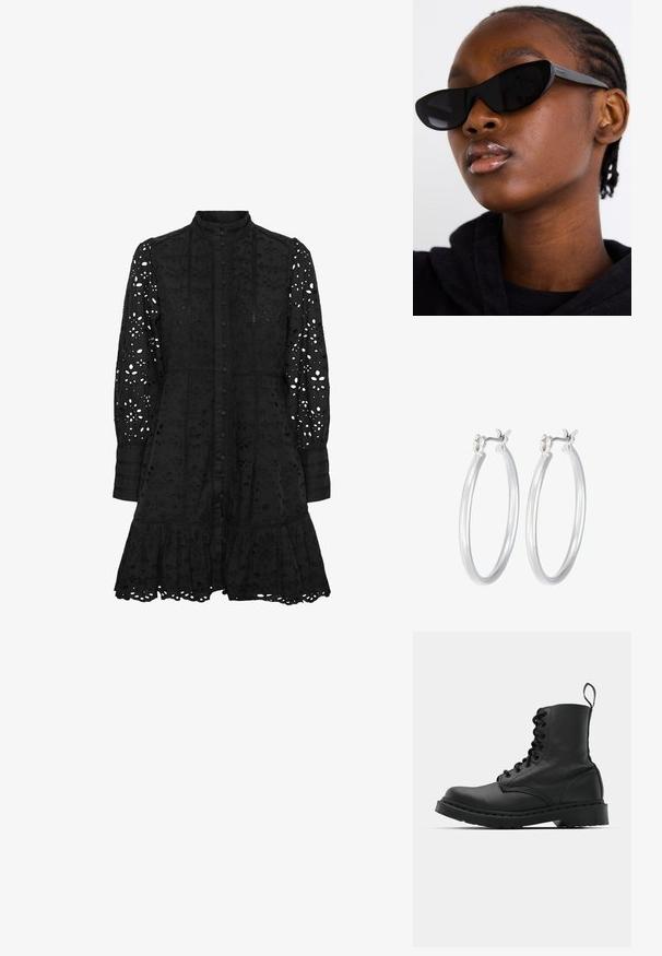 Juodas siuvinėtas suknelė su aukštu apykakle, priekiniais mygtukais, ilgomis rankovėmis ir voluotais kraštais. Yra išpjovų gėlių ir geometrinių raštų.; Juodas odinis kovinis botas su apvalioms pirštams, šnerviniu priekiniu užsegimu ir užtraukiamu užtrauktuku prie kulkšnies. Ypatybė - storas guminis padas, užtikrinantis ilgaamžiškumą.; Juodi katės akies akiniai su matinio paviršiaus apdaila, pasižymintys elegantišku dizainu ir švelniai išlenktais kraštais, derinami su modelio tamsiais drabužiais.; Sidabriniai auskarai su sklandžiu, poliruotu paviršiumi. Apvalios formos ir saugus uždarymo mechanizmas. Lengvas dizainas, tinkantis kasdieniam dėvėjimui.