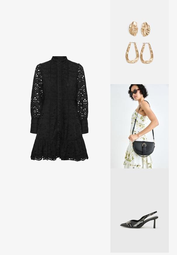 Vestido preto bordado com colarinho alto, fecho de botões na frente, mangas longas e bainha rendada. Apresenta padrões recortados florais e geométricos.; Sapato slingback preto em pele patentada com bico apontado, tiras no tornozelo apresentando fivelas e acessórios prateados, e um salto elegante.; Bolsa de couro preta com forma curva, alça destacável e detalhes em dourado. A bolsa possui uma aba com detalhe de fivela.; Brincos em tom de ouro com formas onduladas e texturizadas. Inclui studs escultóricos com presilha e um design de argola aberta com um acabamento martelado.