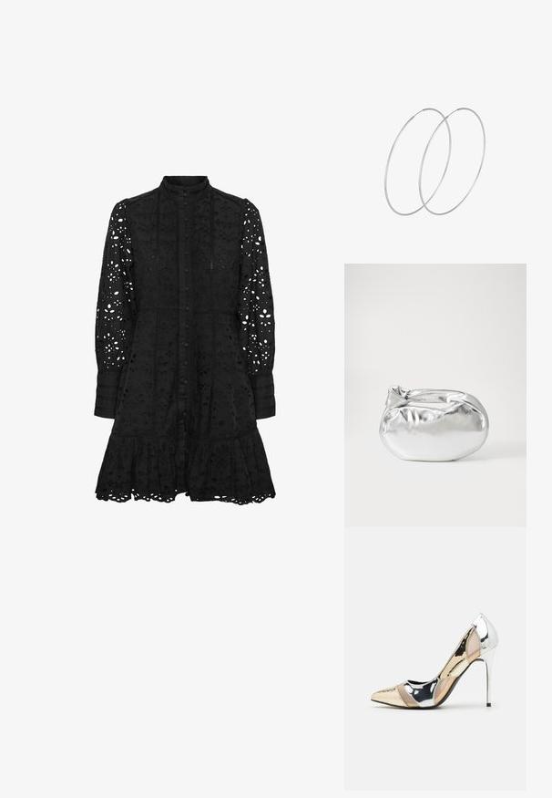 Črna ženska obleka z vezenjem, visokim ovratnikom, gumbom spredaj, dolgimi rokavi in nabrano obrobe. Vključuje izrezane cvetlične in geometrijske vzorce.; Čevlji z visoko peto in konico, v barvni kombinaciji srebrne, zlate in nude. Sijajna obdelava z izrezljanim dizajnom, z igličasto peto.; Srebrna kovinska torbica z mehko, zaobljeno obliko in zavezano zgornjo zaporo. Narejena iz gladkega umetnega usnja.; Srebrne uhane v obliki obroča z minimalističnim dizajnom. Krožna oblika, gladka tekstura in tanek profil. Lahki s poliranim zaključkom.