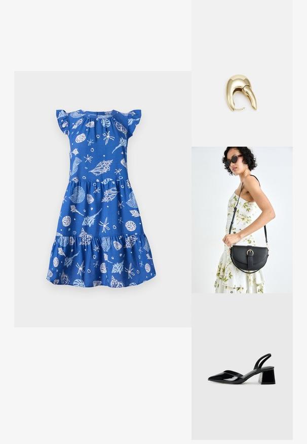 Kék pamutruha rövid, fodros ujjakkal, tiered szoknyával és fehér tengeri témájú mintákkal, beleértve a kagylókat és a csillagokat.; Fekete lakk bőr szandálkés magas sarkú cipő, hegyes orral és geometrikus tömbsarkakkal. Karcsú, minimalista dizájn és sima textúra jellemzi.; Fekete bőrtáska ívelt formával, levehető pánttal és arany színű fémrészekkel. A táskán egy csattal díszített fedél található.; Aranyszínű fém fülbevaló, elegáns, ívelt formával. Különleges hegyes alak, fényes felszín és zsanéros záródás jellemzi.