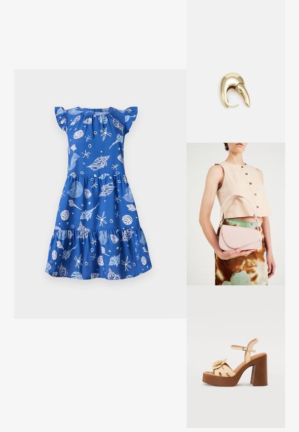 Mėlyna medvilninė suknelė su trumpomis plazdančiomis rankovėmis, turinti sluoksniuotą sijoną ir baltas jūros tematikos raštas, įskaitant kriaukles ir žvaigždūnes.; Bežiniai platforminiai sandalai su rudu blokiniu kulnu. Su tekstūruotu dirželiu ir gėlių akcentu priekyje. Reguliuojamas kulkšnies dirželis.; Rožinė odinė rankinė su lenktu užklotu, vienu peties diržu ir švariomis linijomis. Rankinė turi lygų paviršių ir minimalizmo dizainą.; Aukso tono metalinės auskarai su stilingu, kreiviu dizainu. Išsiskiria ryškiu smailiu pavidalu, poliruota paviršiumi ir užsegimu su vyriu.