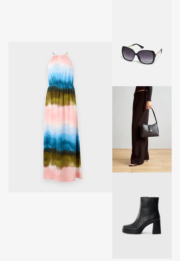 Maxikjole med halterneck, med en gradient av blå, rosa og grønne nyanser med en myk tekstur; elastisk midje for justerbar passform.; Sorte skinnankelsko med blokkhæl og plattformsåle, sett fra siden på en enkel hvit bakgrunn.; Sorte oversized solbriller med gradient linser, tykke rammer og detaljering med gulltonekjede på tempelarmene.; Svart håndveske med strukturert form, jevn tekstur og metallisk lås. Kombinert med brede svarte bukser og sandaler med åpen tå på tregulv.