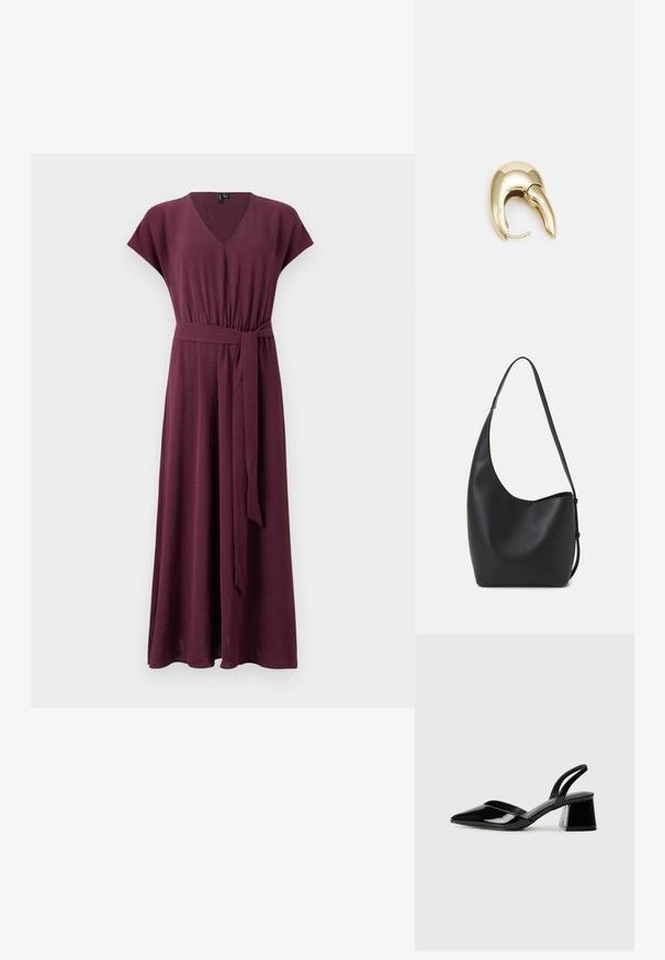V nyakú, rövid ujjú maxi ruha sötét bordó színben, texturált anyagból, derékon megkötős övvel az állítható illeszkedés érdekében.; Fekete lakk bőr szandálkés magas sarkú cipő, hegyes orral és geometrikus tömbsarkakkal. Karcsú, minimalista dizájn és sima textúra jellemzi.; Fekete bőr hobo táska sima textúrával, ívelt formával és egyetlen állítható pánttal; széles nyílás található a tetején.; Aranyszínű fém fülbevaló, elegáns, ívelt formával. Különleges hegyes alak, fényes felszín és zsanéros záródás jellemzi.