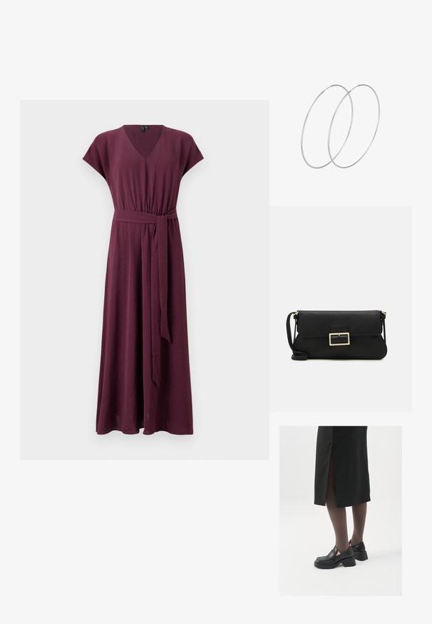 V formos kaklo, trumpos rankovės maksimalus suknelė tamsiai raudonos spalvos su tekstūruotu audiniu ir surišamu dirželiu juosmenyje, kad būtų galima prisitaikyti.; Juodos odinės bateliai su apvaliu nosiu, stora blokine pakulne ir elastingais šonais, derinami su tamsiomis pėdkelnėmis ir juoda sijonu su plyšiu.; Juodas odinis dėkliukas su atvarteliu ir auksinės metalinės sagties detalėmis. Įeina juodas diržas ir elegantiškas, minimalistinis dizainas.; Sidabrinės pusmėnulio auskarai minimalistiniu dizainu. Apskritimo forma, lygus paviršius ir plonas profilis. Lengvi su poliruotu apdailu.