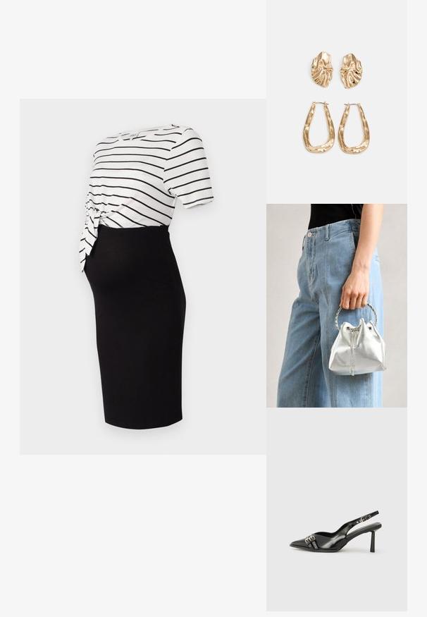 Črna krila do kolen v kombinaciji z belo črtasto majico s kratkimi rokavi, ki ima vozliček na pasu in je izdelana iz mehkega materiala.; Črne patentne usnjene sandale s koničastim nosom, zankami okoli gležnja s srebrnimi sponkami in opremo ter vitkimi petami.; Metalna srebrna torba na ramenu z zrnato površino, okrašena s srebrnim okroglim ročajem in zapiranjem na vrvico, držana ob svetlo modrih džinsih.; Zlato obarvani uhani z teksturiranimi, valovitimi oblikami. Vključujejo skulpturalne sponke za ušesa in odprto obliko obročka s kladivastim finišem.