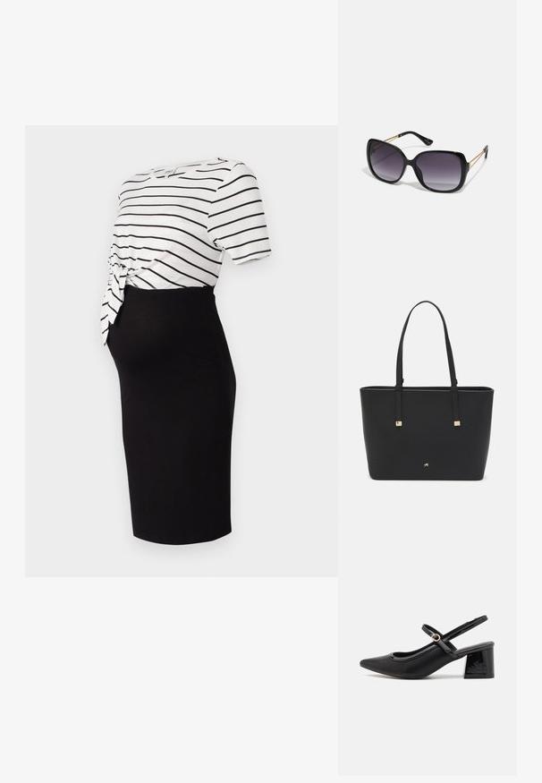 Črna krila do kolen v kombinaciji z belo črtasto majico s kratkimi rokavi, ki ima vozliček na pasu in je izdelana iz mehkega materiala.; Črne patentne usnjene salonarce s slingback obliko, s koničastim nosom, zaobljenim izrezom in blok peto. Imajo zlato kovinsko zaponko kot dodatno okrasje.; Črne prevelike sončne očala z degradacijskimi lečami, debelimi okvirji in zlatimi verižicami na ročajih.; Črna torba iz sintetičnega materiala, preproste pravokotne oblike, z zlatimi kvadratnimi detajli in dvojnih ročajem.