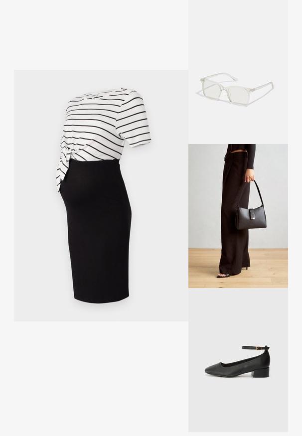 Saia preta até ao joelho combinada com uma blusa branca de mangas curtas com riscas, apresentando um detalhe de nó na cintura, feita em tecido suave.; Sandal de pele preta com bico pontiagudo e um salto bloco baixo. Apresenta uma tira no tornozelo com uma fivela em tom dourado. Textura suave.; Óculos quadrados de plástico transparente com lentes translúcidas, apresentando detalhes em dourado nas hastes.; Bolsa preta com forma estruturada, textura suave e um fecho metálico. Combinada com calças largas pretas e sandálias de salto aberto sobre um chão de madeira.