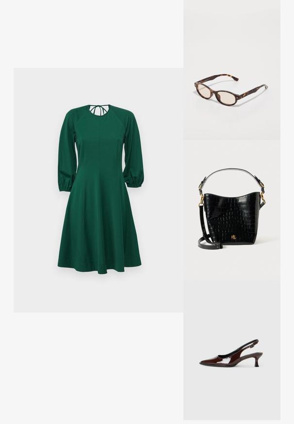 Robe verte avec de longues manches bouffantes, encolure arrondie et corsage ajusté. Fabriquée en tissu doux, elle s'évase doucement à la taille jusqu'à l'ourlet.; Chaussure slingback en cuir verni marron avec un bout pointu et un talon modéré. Elle est dotée d'une sangle à boucle pour un ajustement sécuritaire. Texture lisse.; Lunettes de soleil écaille de tortue avec une forme arrondie et des verres clairs. Présentent des branches robustes avec de petites accents dorés, fabriquées en matériau plastique.; Sac en cuir noir à motif crocodile, de forme courbée, avec des accents en métal doré, une bandoulière ajustable et un détail de logo à l'avant.