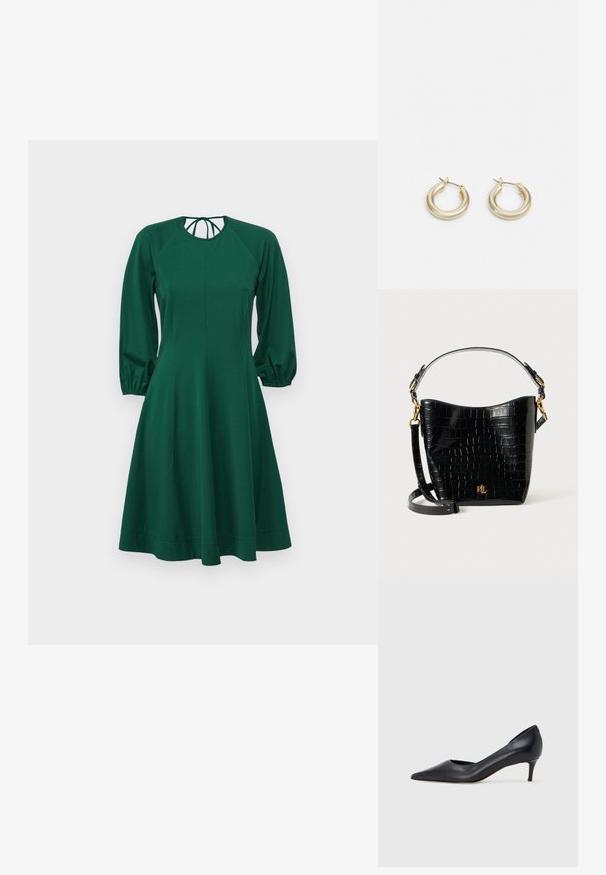 Green dress with long puff sleeves, rounded neckline, and a fitted bodice. Made of soft fabric, it flares gently at the waist to the hem.; Black leather pump with a pointed toe and low heel. Features a smooth texture and subtle sheen. Open cut at the front for added detail.; Black croc-embossed leather bag with a curved shape, gold hardware accents, an adjustable strap, and a logo detail at the front.; Lauren Ralph Lauren BASIC SMALL HOOP - Earrings - gold-coloured